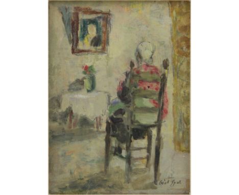 Gabriel Spat, French/American (1890-1967) Oil on Masonite "Femme Assise" Signed Lower Right. Depicts a seated elderly woman s