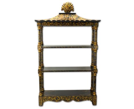 Mid Century Carved Wood Black and Gold Painted Wall Shelf. Depicts gilt foliage and leaf motif on black ground surface, pie c