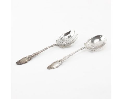 Art Nouveau Sterling Silver Serving Set. Decorated with flower motif and pierced bowl. Stamped. Needs cleaning otherwise good