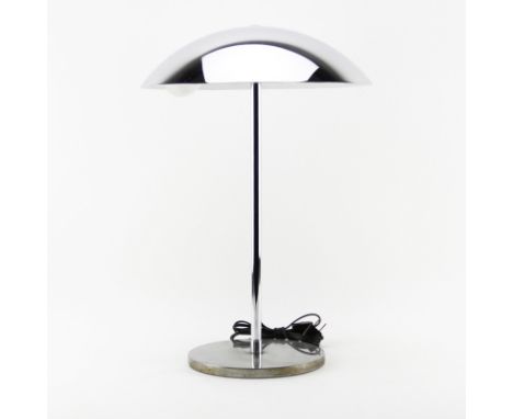 Mid-Century Modern Swiss Lumess Chrome Lamp. Original label on bottom. The base with dullness and oxidation, the shade an ste
