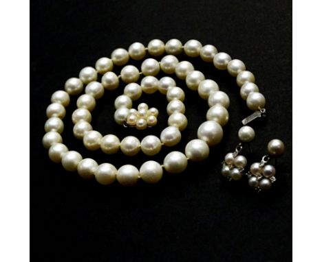 Vintage Single Strand 7.5mm-10.0mm White Pearl Necklace with 14 Karat White Gold Clasp and with Matching Earrings Accented wi