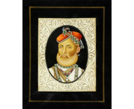 Fine Antique Mughal Style Handpainted and Jeweled  Miniature Portrait. Depicts a portrait of a distinguished shah dressed in 