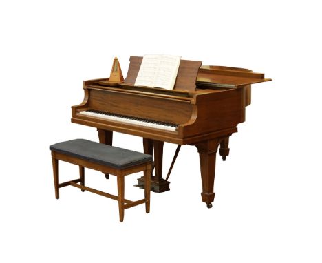 Steinert Boston, Mass. Mahogany Baby Grand Piano. Includes: bench, metronome, and sheet music. Rubbing to corners, minor wear