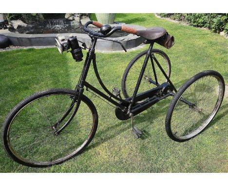 A circa 1920s James Royal 2-speed tricycle With Brooks saddle and P&H Ltd of Birmingham oil cycle lamp. Sold with leather sad