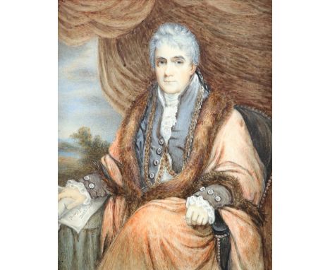 λEnglish School 19th Century Portrait miniature of a Lord Mayor, seated, holding a letter, a landscape beyond Inscribed Refug