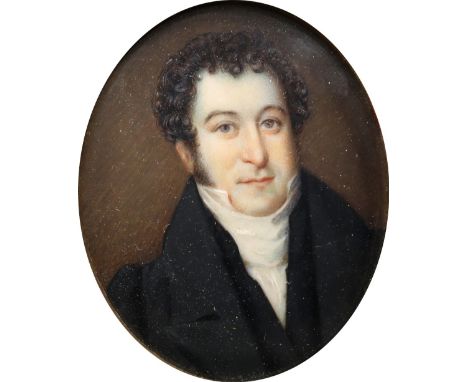 λEnglish School c.1800 Portrait miniature of a gentleman, wearing a black coat and white stock Oval, in a rectangular tortois