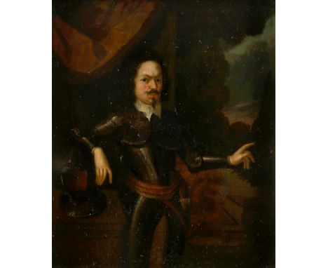 Dutch School Mid 17th Century Portrait of a gentleman, half-length, wearing armour and standing near an orange tree Oil on ca