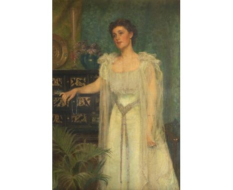 Edith Corbet (1846-1920) Portrait of Alice Williams, née Herbert, in a white dress with lace shawl, standing in an interior S