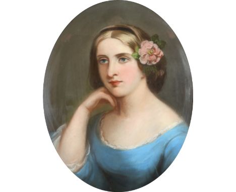 English School 1886 Portrait of a young lady, wearing a blue dress and with a flower in her hair Indistinctly signed and date