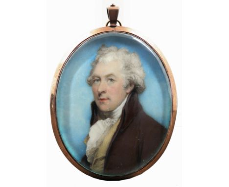 λHorace Hone ARA (1754-1825) Portrait miniature of a gentleman, wearing a brown coat and yellow waistcoat, with powdered hair