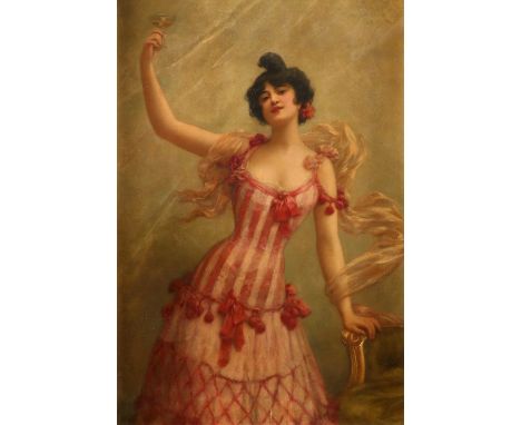 Emile Eisman-Semenowsky (Polish 1857-1911) Portrait of a lady, three-quarter length, wearing a red and cream striped dress an