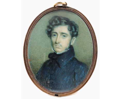 λFrench School Early 19th Century Portrait miniature of a gentleman in a black coat Oval, in a gilt-metal frame with hair bac