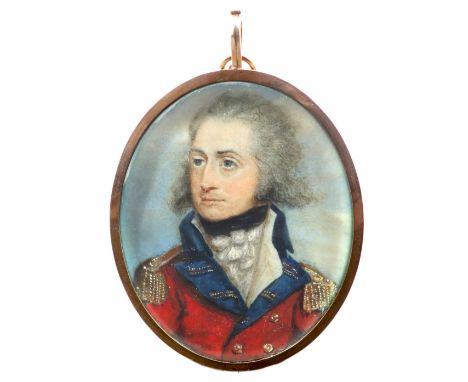 λCircle of Richard Cosway Portrait miniature of an officer in uniform Oval, in a gilt metal frame with blue glass back 63 x 5