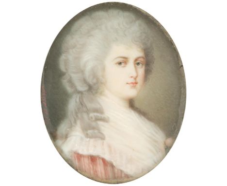 λFrench School c.1900 Portrait miniature of a lady in 18th century style red dress and powdered hair Signed Marais (centre le