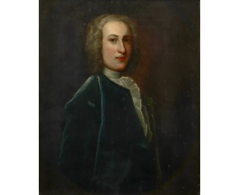 Circle of Enoch Seeman Portrait of a gentleman, half-length, wearing a blue coat in a painted oval Oil on canvas 76.5 x 63.7c
