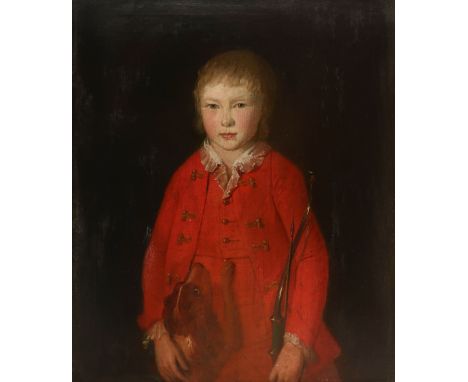 English School Late 18th Century Portrait of a child in a red coat, three-quarter length, with a dog and holding a bow and ar