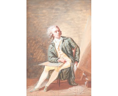 French School 18th Century Portrait of an artist, seated in his studio, holding a pen and portfolio Gouache 29.2 x 19.9cm; 11