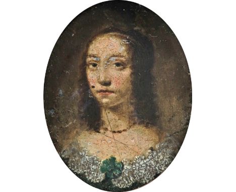 English School 17th Century Portrait miniature of a lady, wearing a green dress with lace trim Oval, on copper, in a wooden f