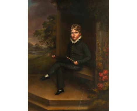 William Mineard Bennett (1778-1858) Portrait of a young boy, seated in a landscape, holding a sketching board Oil on canvas 5