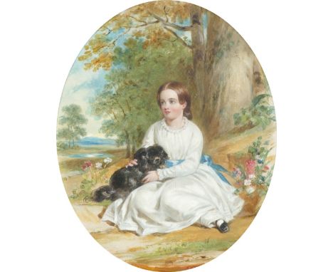 English School 19th Century Portrait of a young girl sitting in a landscape with a spaniel Oil on panel 34.5 x 29cm; 13½ x 11