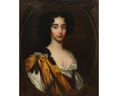 Circle of Mary Beale Portrait of Henrietta Walker, half-length, wearing a gold wrap in a painted cartouche Oil on canvas 76 x