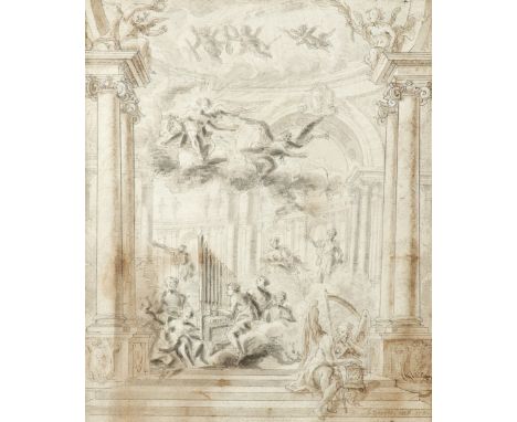 John Devoto (French act. 1708-1752) Baroque interior, with Apollo, St. Cecilia and Time Signed and dated I Devoto inv 1723 (l