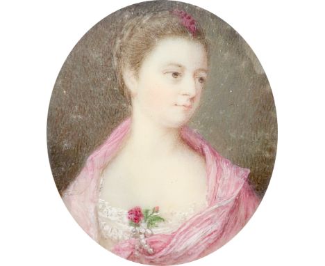 λEnglish School c.1770 Portrait miniature of a lady, wearing a pink dress and a rose at her corsage Oval, in a gilt metal bra