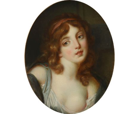 Follower of Jean-Baptiste Greuze Portrait of a young woman, bust length, in a painted oval Oil on canvas 46.5 x 38.2cm; 18¼ x