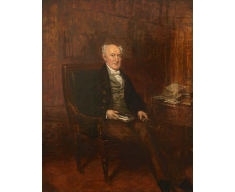English School 19th Century Portrait of a gentleman, full-length, seated and holding a book Oil on canvas 45 x 35.7cm; 17¾ x 