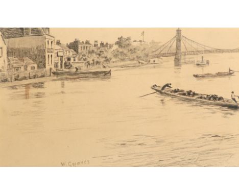 Walter Greaves (1846-1930) A view of the Thames at Battersea Bridge Signed W.Greaves (lower left) Pencil, pen and ink and was