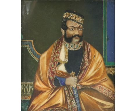 λIndian School Portrait miniature of the Maharaja of Gwalior, seated in an interior holding a ceremonial sword Rectangular, i