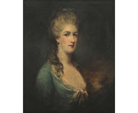 Follower of Thomas Gainsborough Portrait of a lady, bust-length, wearing a blue gown in a feigned oval, possibly a family mem