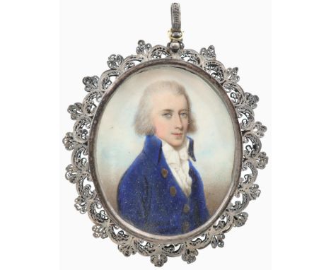 λEnglish School Late 18th Century Portrait miniature of a gentleman, in a blue coat, with a white waistcoat and white stock, 