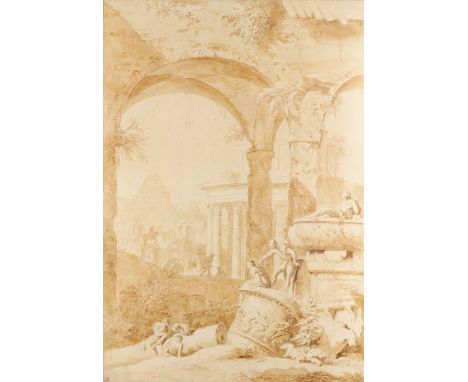 Marco Ricci (Italian 1676-1730) A capriccio with figures amongst Roman ruins Pen and brown ink, with brown wash 53.3 x 37.2cm