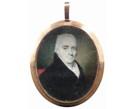 λEnglish School c.1800 Portrait miniature of a gentleman, wearing a black coat and cream waistcoat, seated in a red chair Ova