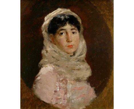 Continental School 19th Century Portrait of a lady, bust-length, in a pink dress and white shawl, in a painted oval Indistinc