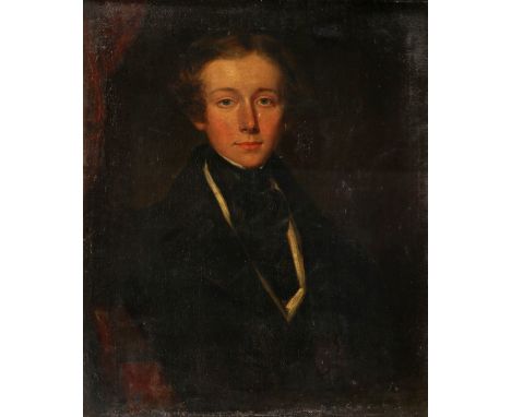 Circle of George Chinnery Portrait of a gentleman, half-length, wearing a black coat and black stock Oil on canvas laid on bo