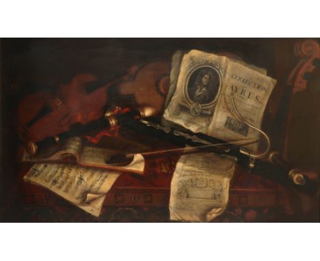 Circle of Edward Collier Still life with musical instruments, scores and books on a table draped with a rug Oil on canvas 72 