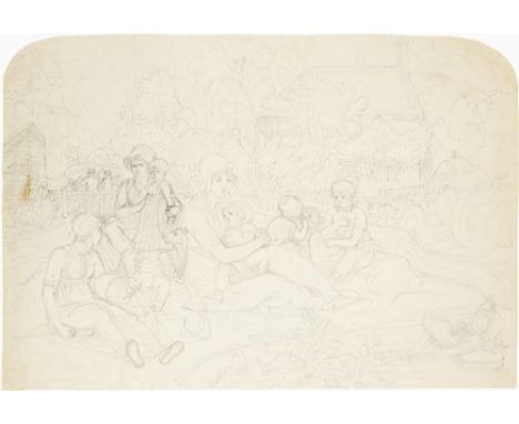 Joshua Cristall (c.1767-1847) Sketch of figures before a cottage Pencil 30 x 44cm; 11¾ x 17¾in Unframed Provenance: Property 