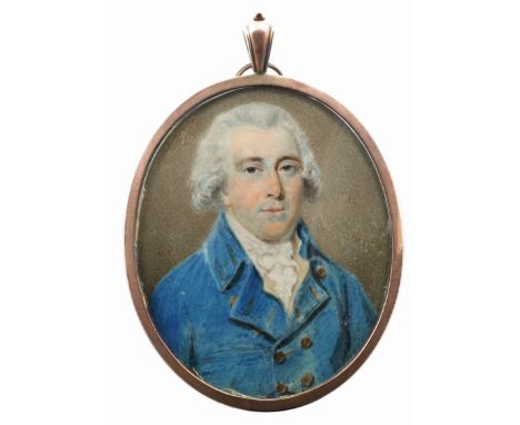 λEnglish School Late 18th Century Portrait miniature of a gentleman, in a blue coat, cream waistcoat and white stock Oval, in
