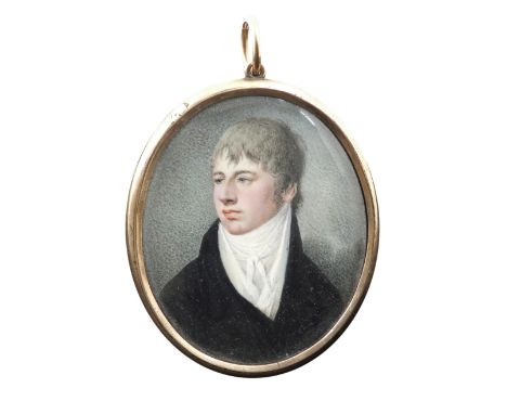 λEnglish School Early 19th Century Portrait miniature of a gentleman, wearing a black coat, white waistcoat, and white stock 