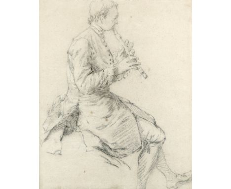 Circle of Nicolas Lancret Study of a man playing a recorder Black chalk heightened with white 25 x 20.8cm; 9¾ x 8¼in Provenan