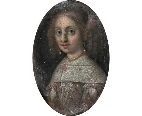 Dutch School 17th Century Portrait miniature of a lady, wearing a white dress with red trim and pearl earrings Oval, on coppe