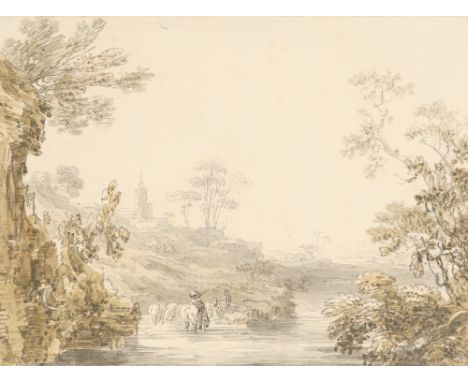 Jean-Baptiste-Claude Chatelain (1710-c.1758) River landscape with herdsman in the foreground Pencil, pen and ink and watercol