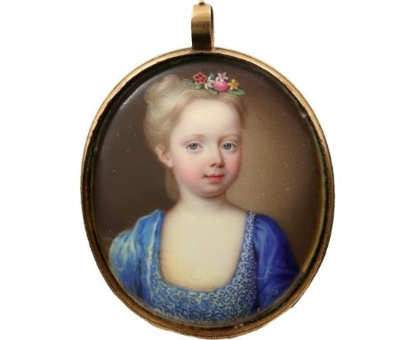 Attributed to Christian Friedrich Zincke (German 1683-1767) Portrait miniature of a girl, wearing a blue dress and with flowe