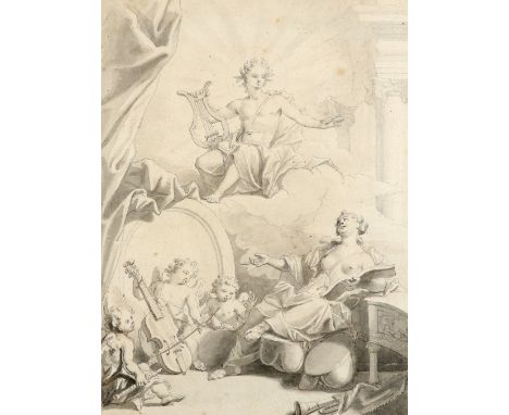 Pierre Berchet (French 1659-1719/20) Design for a frontispiece depicting Apollo, a muse and putti with musical instruments Si