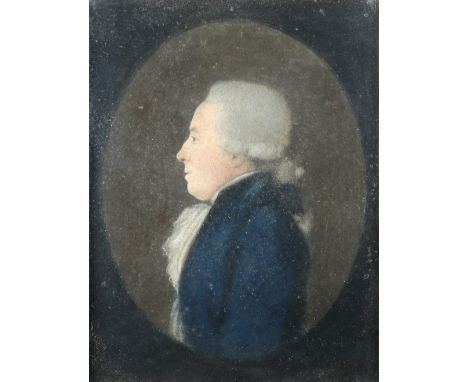 Attributed to Johannes Anspach German 1752-1823 Portrait of a gentleman in profile, wearing a blue coat, with hair en queue, 