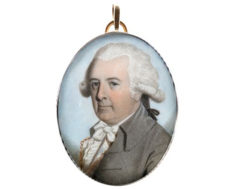 λCircle of John Smart Portrait miniature of a gentleman, with a grey coat and powdered hair en queue Oval, in a gilt metal fr