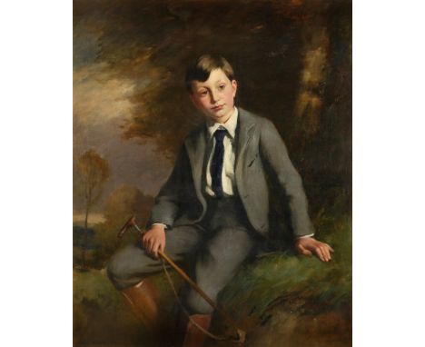 Alfred Hitchens (1861-1942) Portrait of Geoffrey Mercer (1896-1966) as a boy, seated in a landscape, wearing a grey suit and 