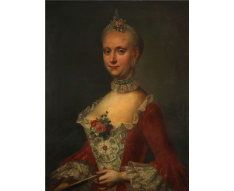 Circle of Johann Heinrich Tischbein the Elder Portrait of a noblewoman, half-length, in a red dress holding a fan Oil on canv